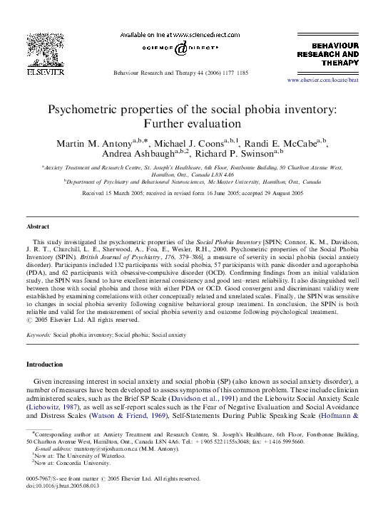 (PDF) Psychometric properties of the social phobia inventory: Further ...
