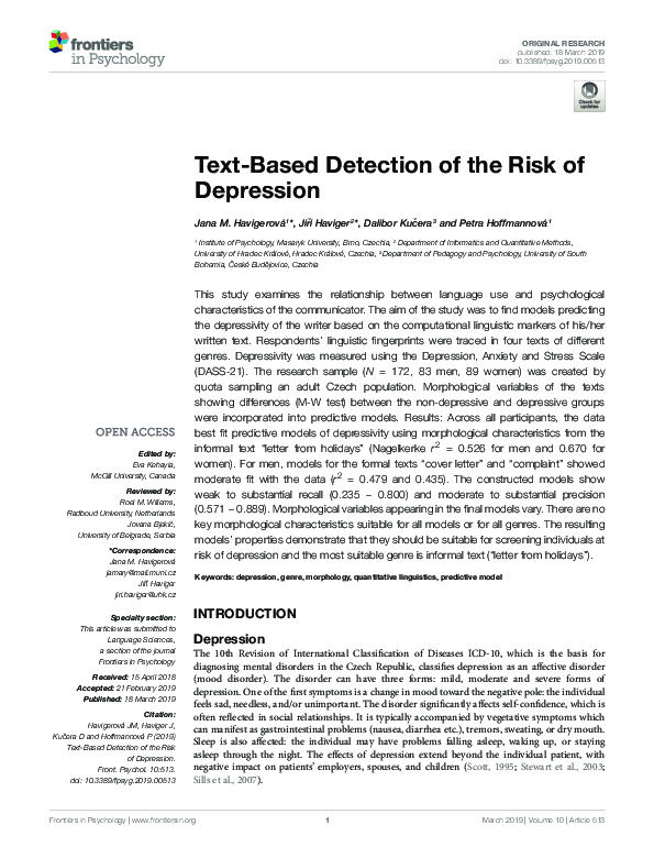 (PDF) Text-Based Detection of the Risk of Depression
