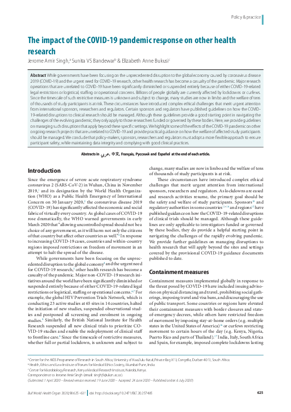 (PDF) The impact of the COVID-19 pandemic response on other health research