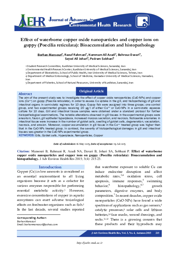 (PDF) Effect of waterborne copper oxide nanoparticles and copper ions ...