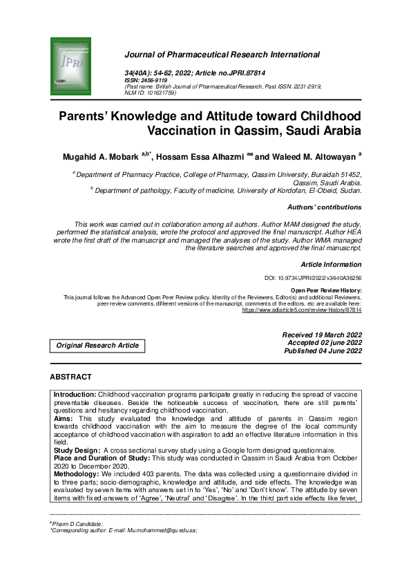 (PDF) Parents’ Knowledge and Attitude toward Childhood Vaccination in ...