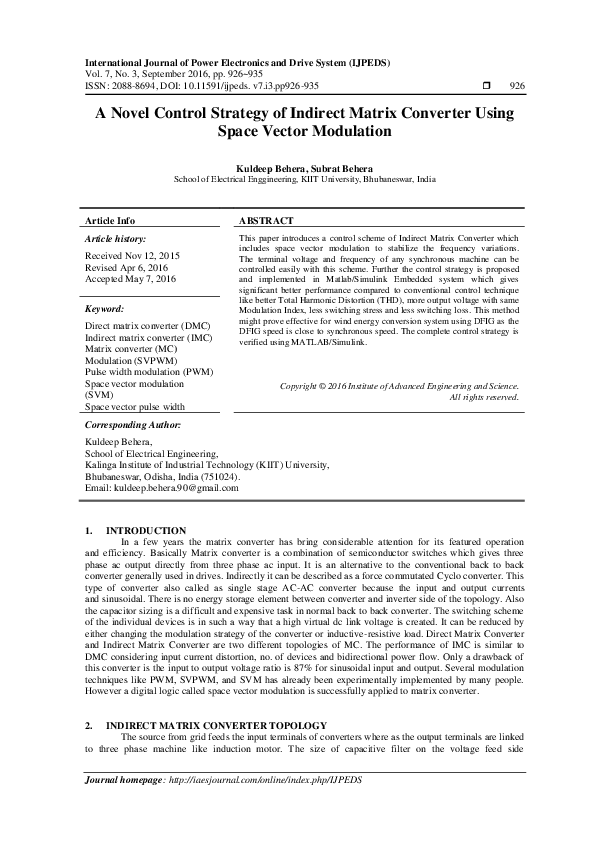 (PDF) A Novel Control Strategy of Indirect Matrix Converter Using Space ...