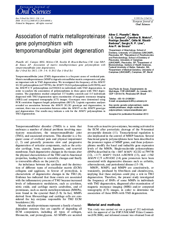 (PDF) Association of matrix metalloproteinase gene polymorphism with ...