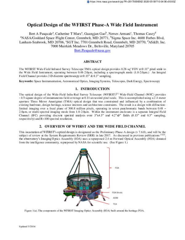 (PDF) Optical Design of the WFIRST Phase-A Wide Field Instrument