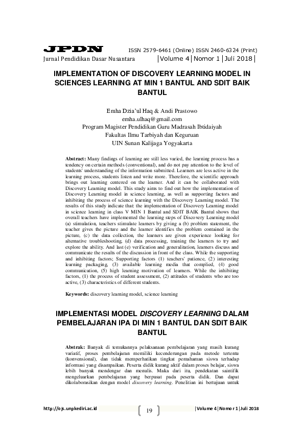 (PDF) Implementation of Discovery Learning Model in Sciences Learning ...