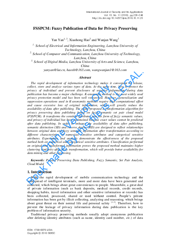(PDF) FSSPCM: Fuzzy Publication of Data for Privacy Preserving