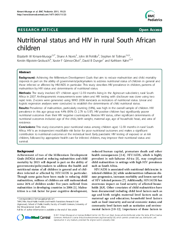 (PDF) Nutritional status and HIV in rural South African children