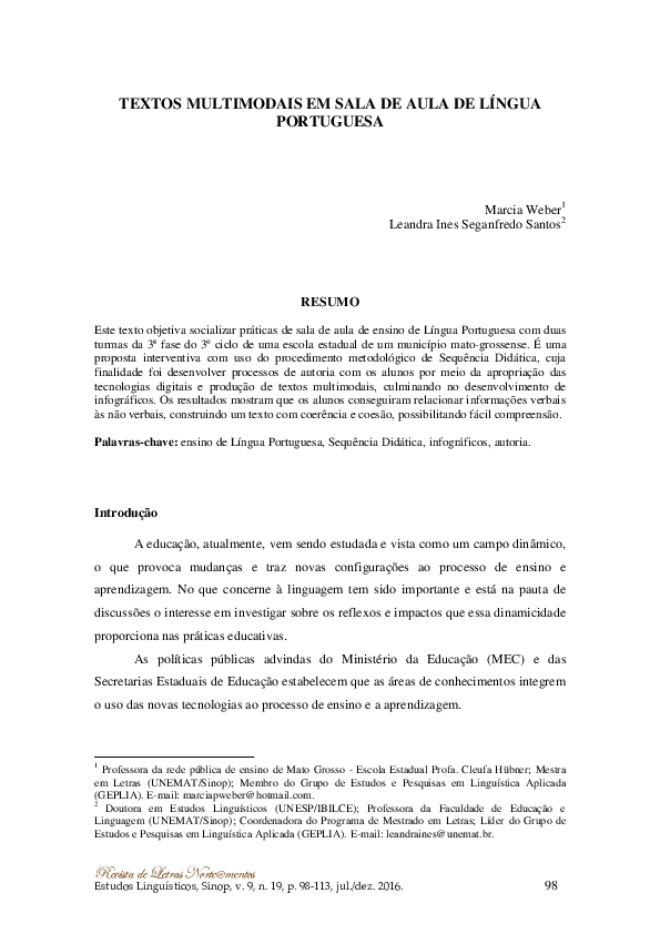 (PDF) Textos Multimodais Em Sala De Aula De Língua Portuguesa
