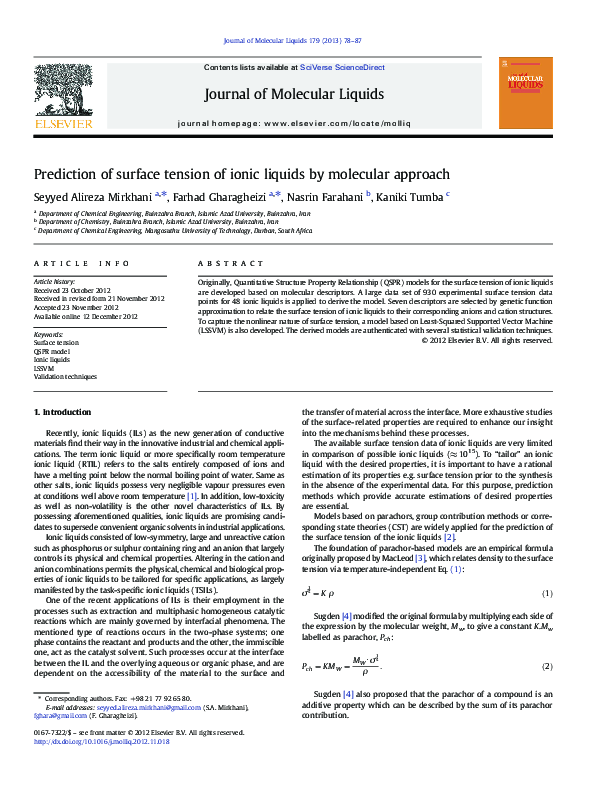 (PDF) Prediction of surface tension of ionic liquids by molecular approach