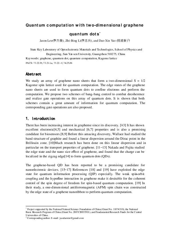 (PDF) Quantum computation with two-dimensional graphene quantum dots