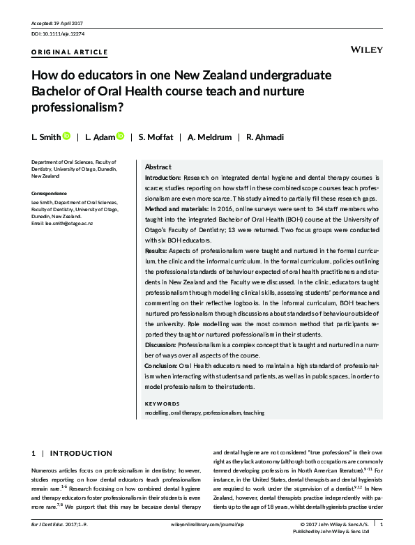 (PDF) How do educators in one New Zealand undergraduate Bachelor of Oral Health course teach and