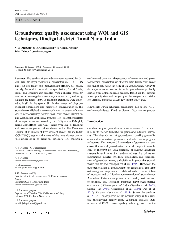 (PDF) Groundwater quality assessment using WQI and GIS techniques ...