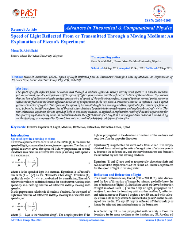 PDF) Speed of Light Reflected From or Transmitted Through a Moving 