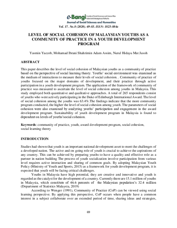 (PDF) Level of Social Cohesion of Malaysian Youths as a Community of ...