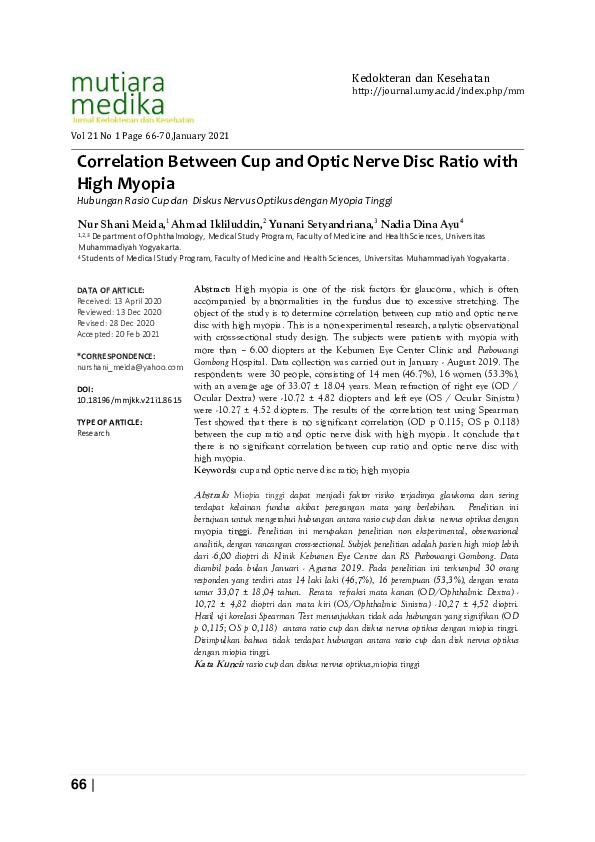 (PDF) Correlation between Cup Ratio and Optic Nerve Disc with High Myopia