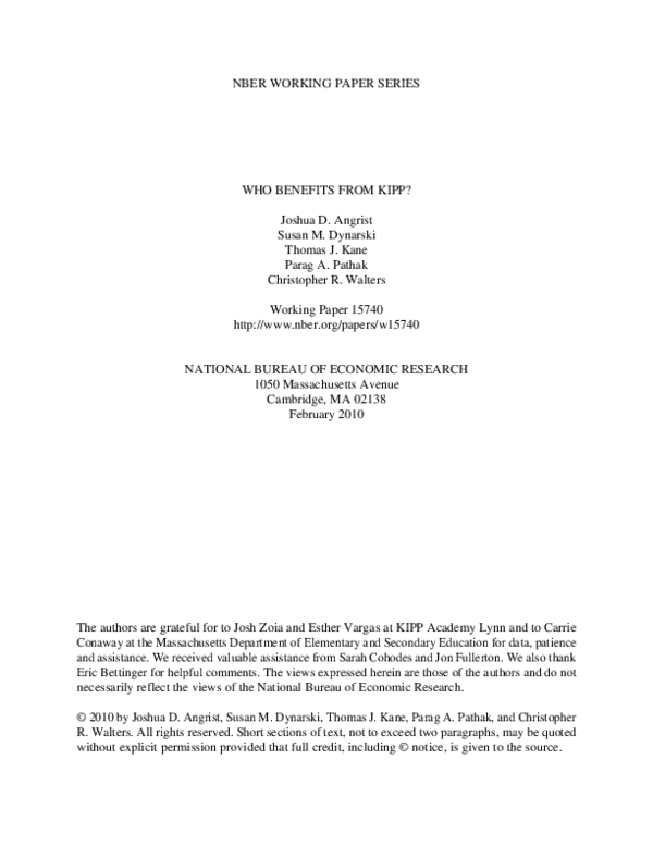 (PDF) NBER WORKING PAPER SERIES WHO BENEFITS FROM KIPP? Who Benefits