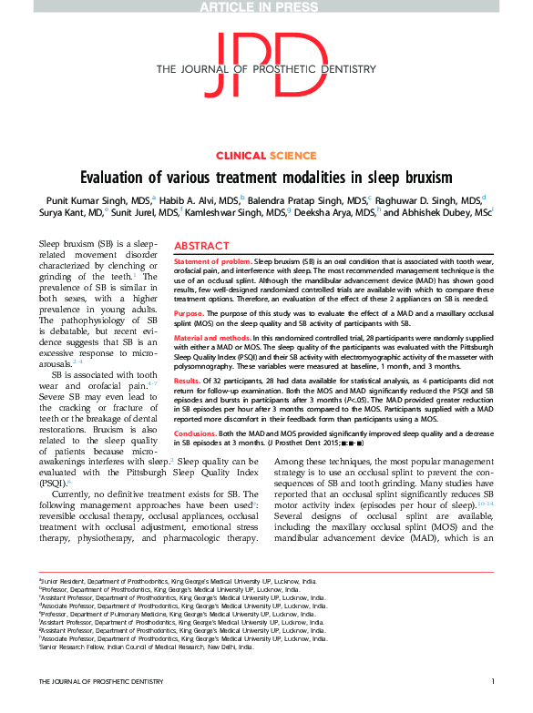 (PDF) Evaluation of various treatment modalities in sleep bruxism
