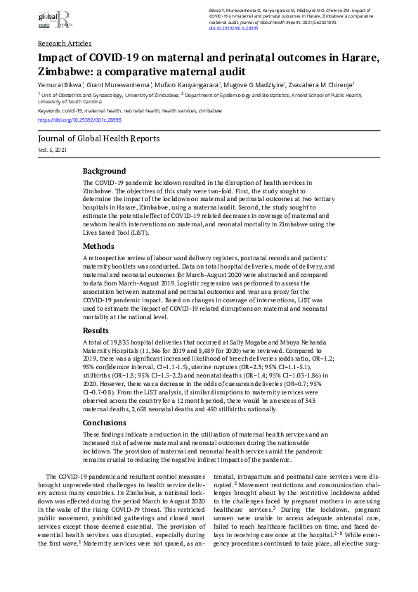 (PDF) Impact of COVID-19 on maternal and perinatal outcomes in Harare ...