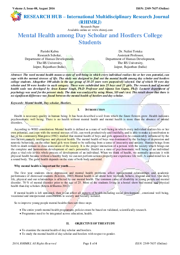 (PDF) Mental Health among Day Scholar and Hostlers College Students
