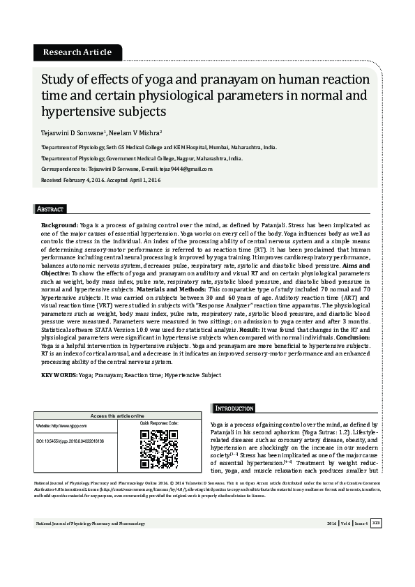 (PDF) Study of effects of yoga and pranayama on human reaction time and ...