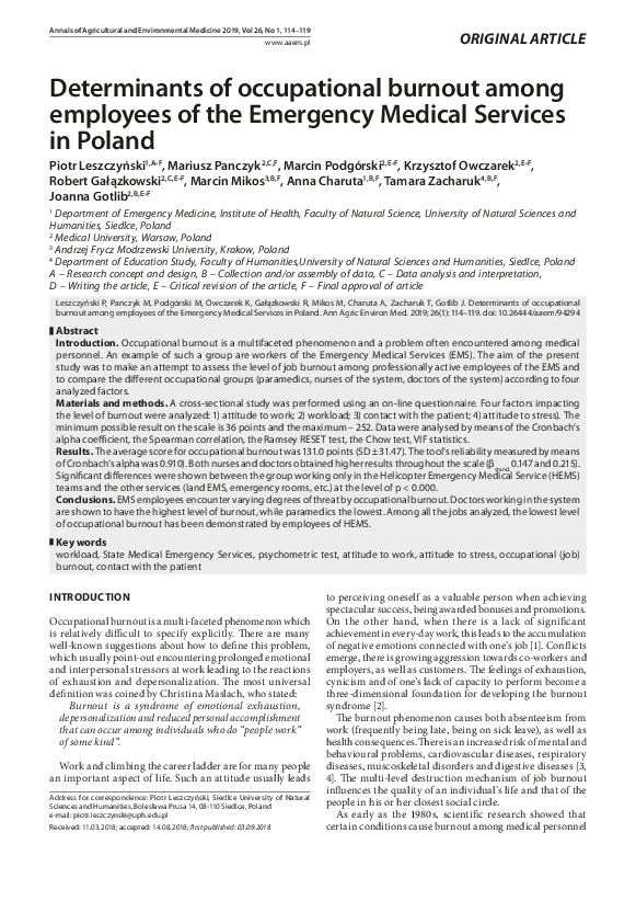 (PDF) Determinants of occupational burnout among employees of the ...