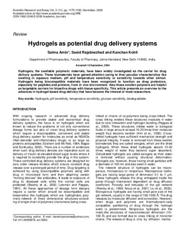 (PDF) Hydrogels as potential drug delivery systems