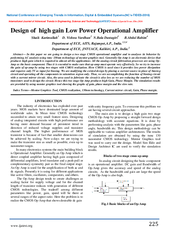 (PDF) Design of high gain low power operational amplifier
