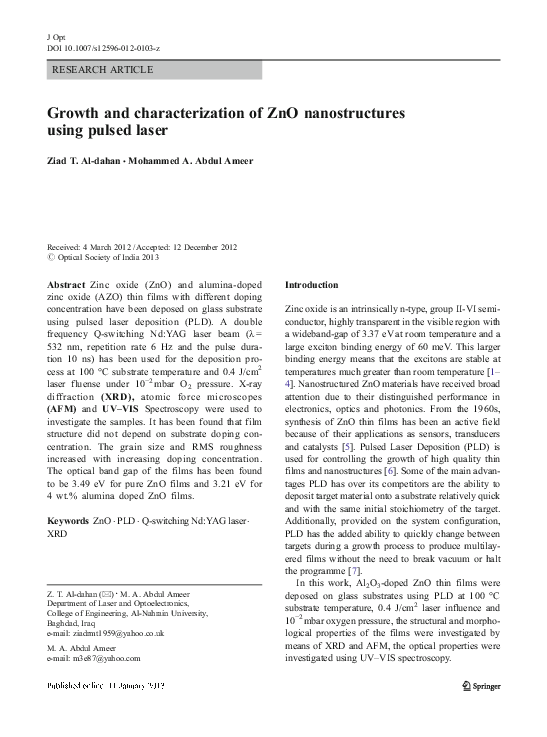(PDF) Growth and characterization of ZnO nanostructured thin films by a ...
