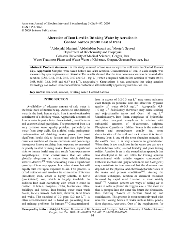 (PDF) Alteration of Iron Level in Drinking Water by Aeration in Gonbad