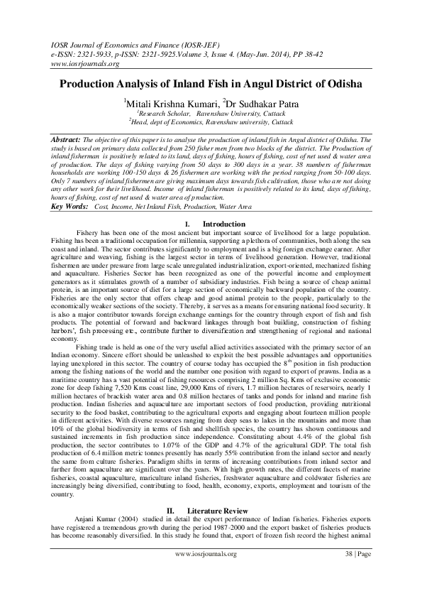 (PDF) Production Analysis of Inland Fish in Angul District of Odisha