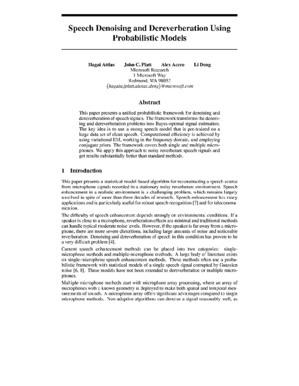 (PDF) Speech denoising and dereverberation using probabilistic models