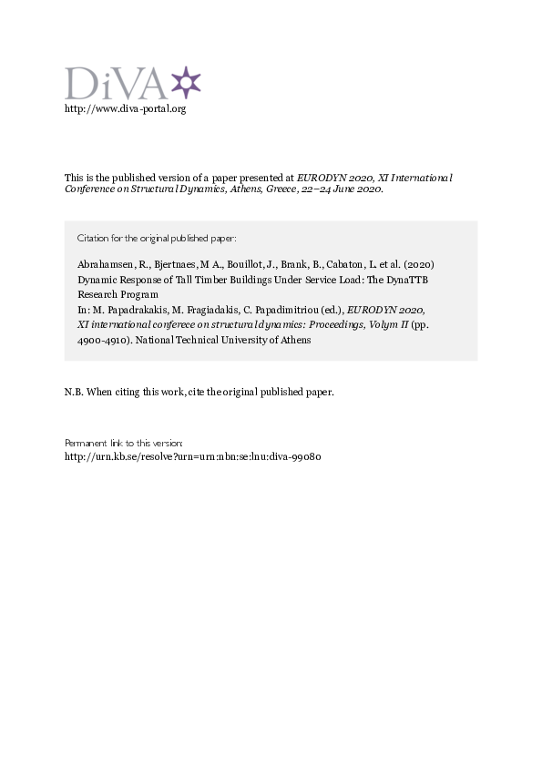 (PDF) Dynamic Response of Tall Timber Buildings Under Service Load ...
