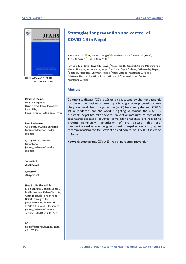 (PDF) Strategies for prevention and control of COVID-19 in Nepal