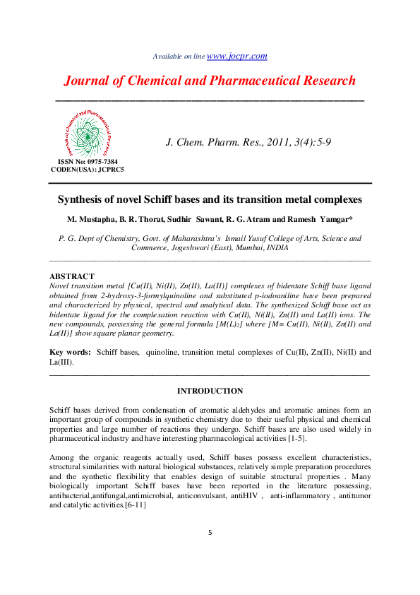 (PDF) Synthesis of novel Schiff bases and its transition metal complexes