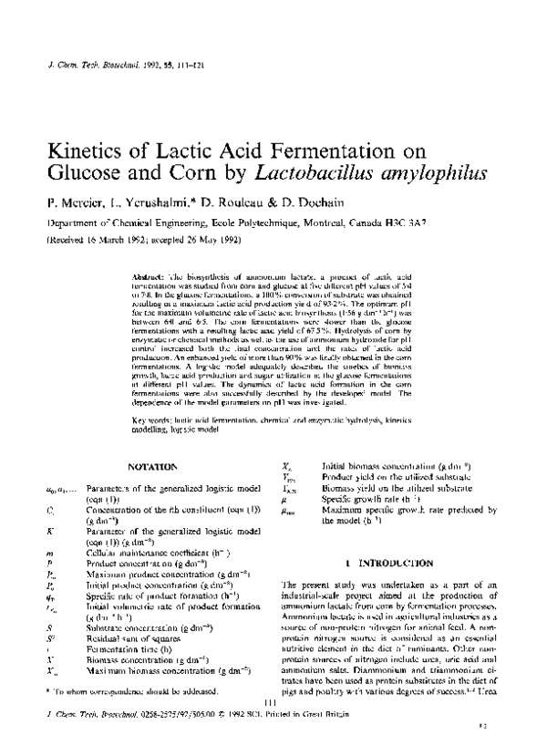 (PDF) Kinetics of lactic acid fermentation on glucose and corn by ...