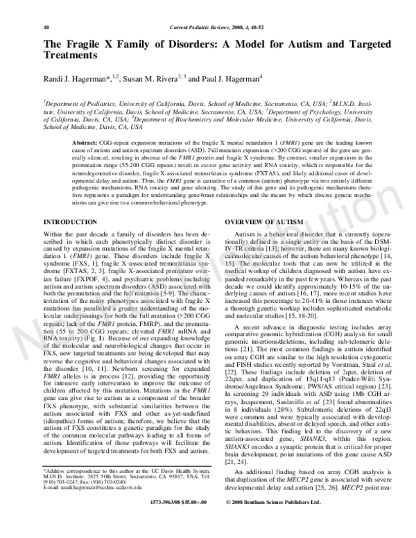 (PDF) The Fragile X Family of Disorders: A Model for Autism and ...