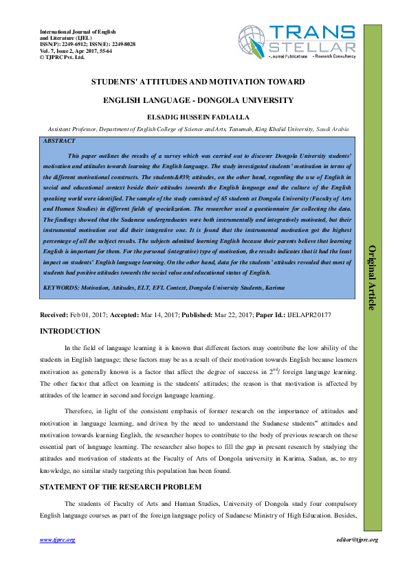 (PDF) Students' Attitudes and Motivation Toward English Language ...