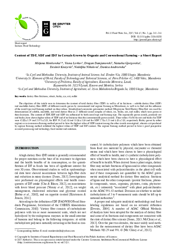 (PDF) Content of TDF, SDF and IDF in Cereals Grown by Organic and