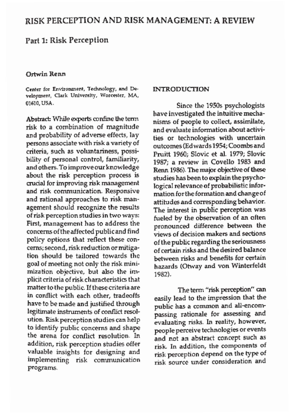 (PDF) Risk perception and risk management : a review. Pt. 1, Risk ...