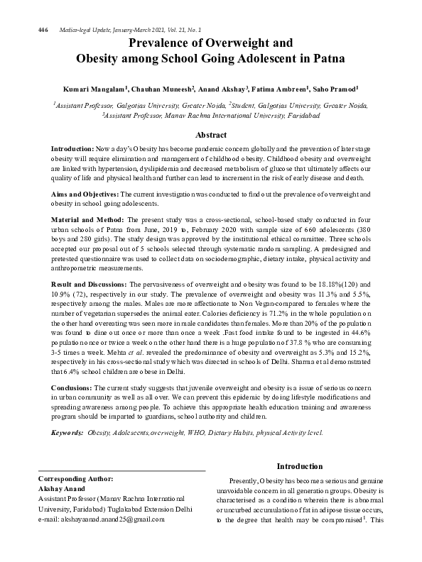 (PDF) Prevalence of Overweight and Obesity among School Going ...
