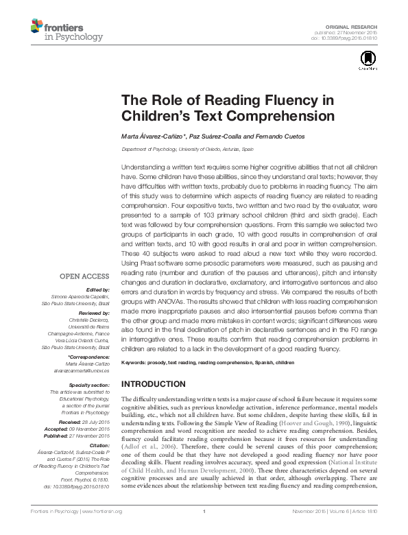 (PDF) The Role of Reading Fluency in Children’s Text Comprehension