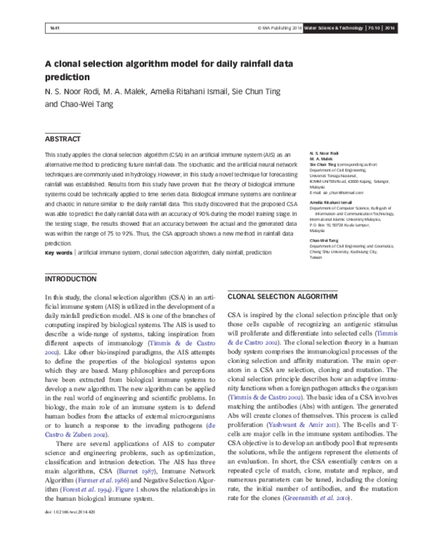 (PDF) A clonal selection algorithm model for daily rainfall data prediction