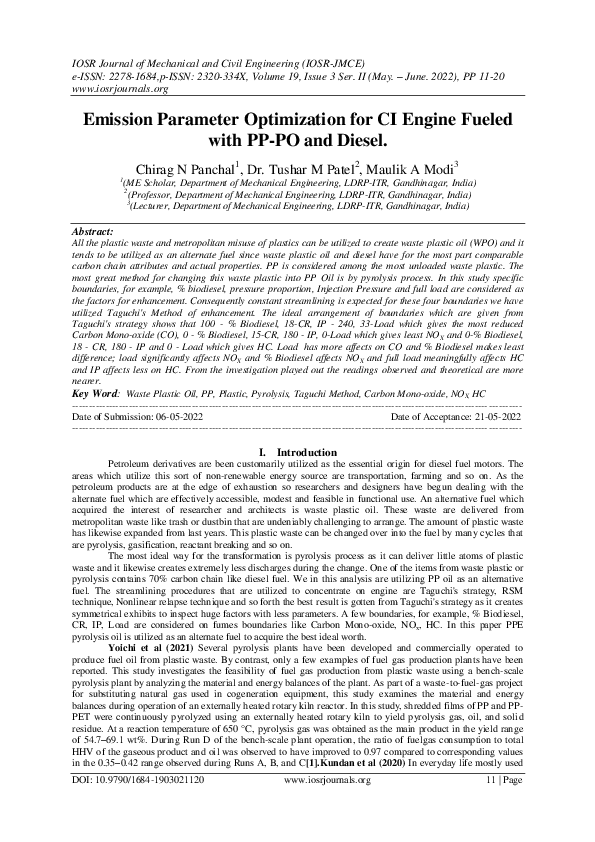 (PDF) Emission Parameter Optimization for CI Engine Fueled with PP-PO ...