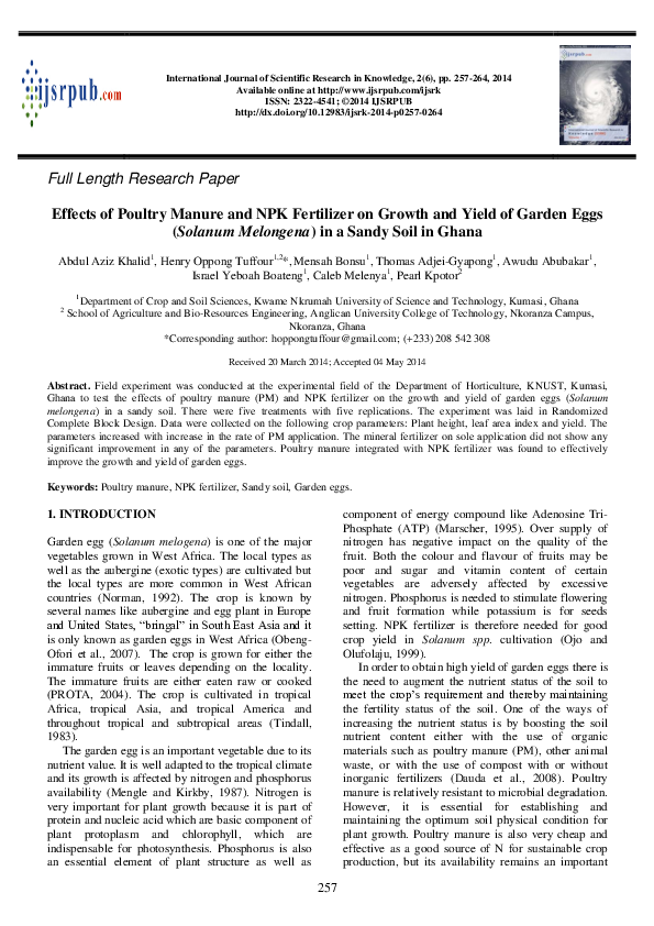 (PDF) Effects of Poultry Manure and NPK Fertilizer on Growth and Yield ...
