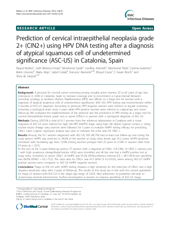 (PDF) Prediction of cervical intraepithelial neoplasia grade 2+ (CIN2 ...