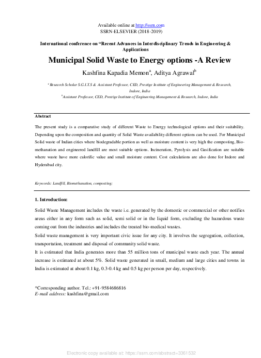 (PDF) Municipal Solid Waste to Energy Options - A Review