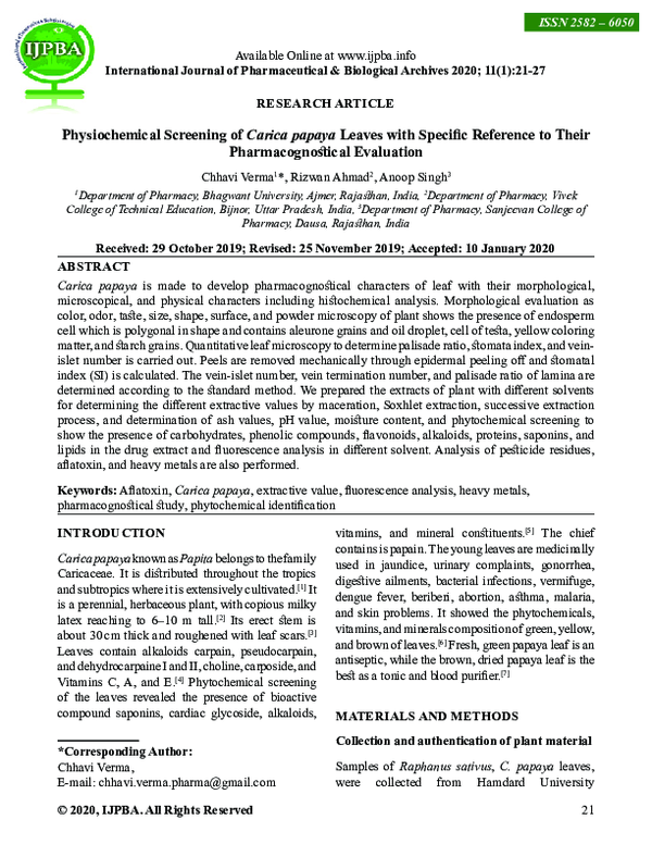 (PDF) Physiochemical Screening of Carica papaya Leaves with Specific
