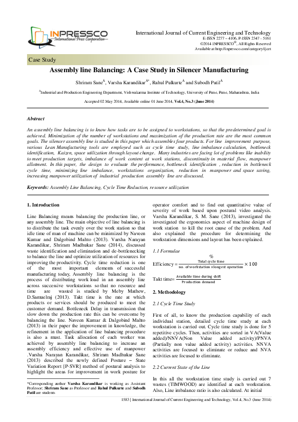(PDF) Assembly line Balancing: A Case Study in Silencer Manufacturing