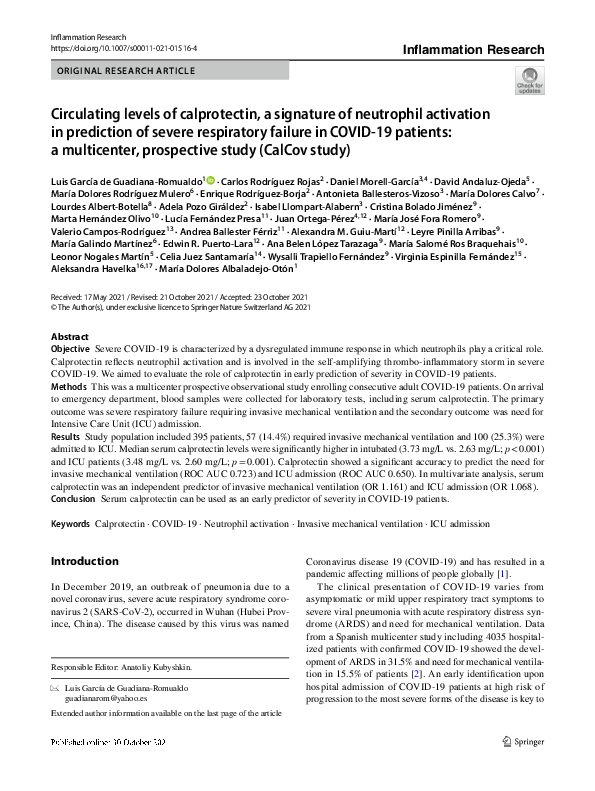 (PDF) Circulating levels of calprotectin, a signature of neutrophil ...