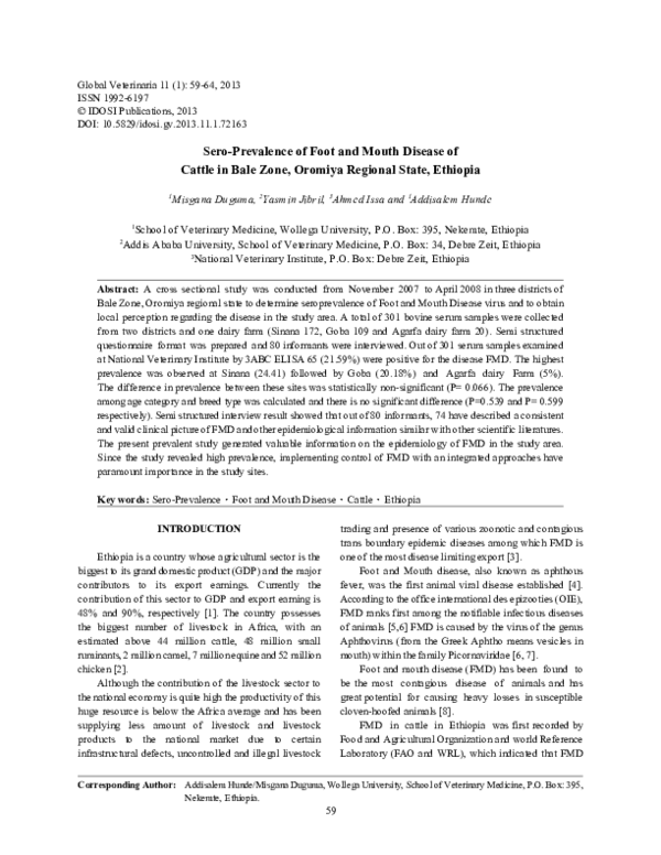 (PDF) Sero-Prevalence of Foot and Mouth Disease of Cattle in Bale Zone ...